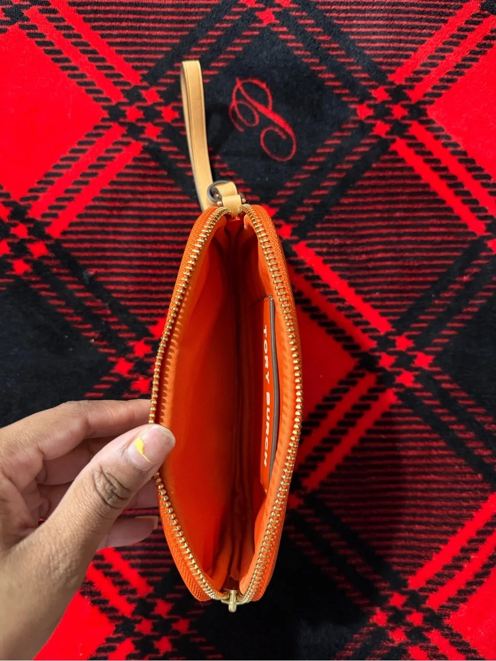 Tory Burch Orange and White Patterned Wristlet